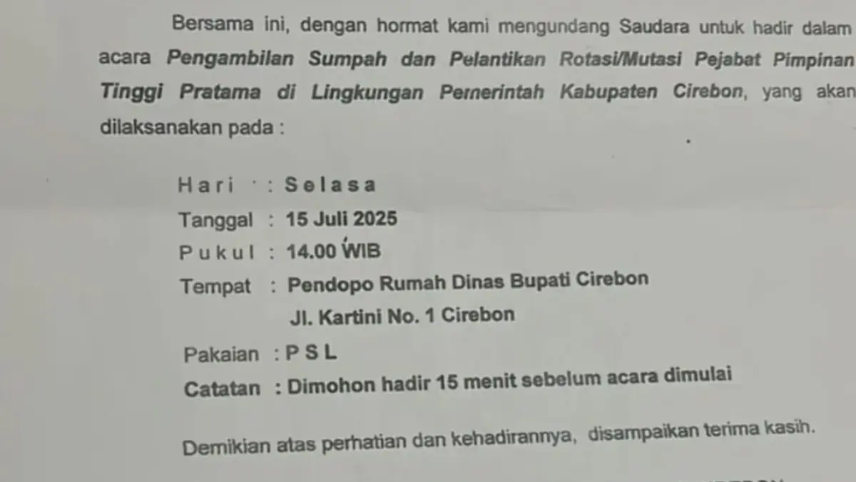 Undangan Pelantikan Pemkab Cirebon
