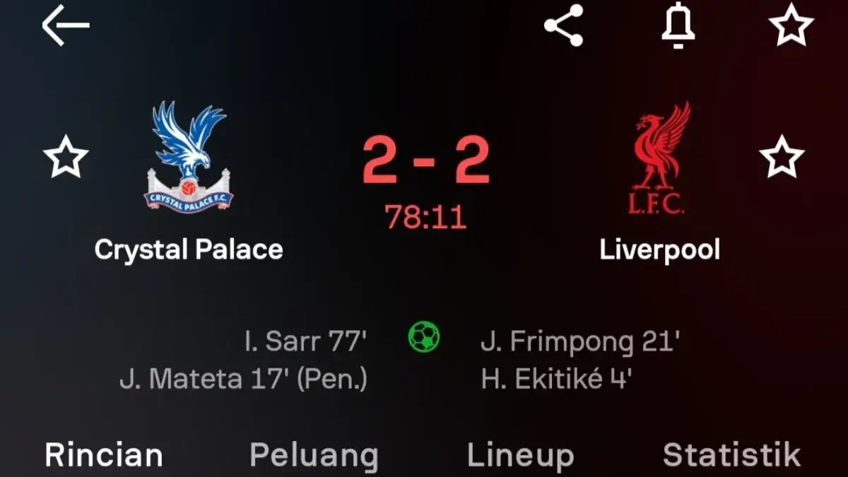 Skor imbang Crystal vs Liverpool