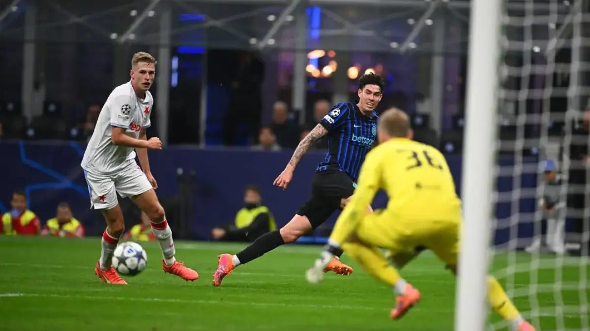 Lautaro Martinez merayakan gol Inter Milan vs Slavia Praha.