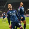 Selebrasi Mikel Merino dalam laga Liga Champions antara Slavia Praha vs Arsenal, Rabu (05/11/2025)
