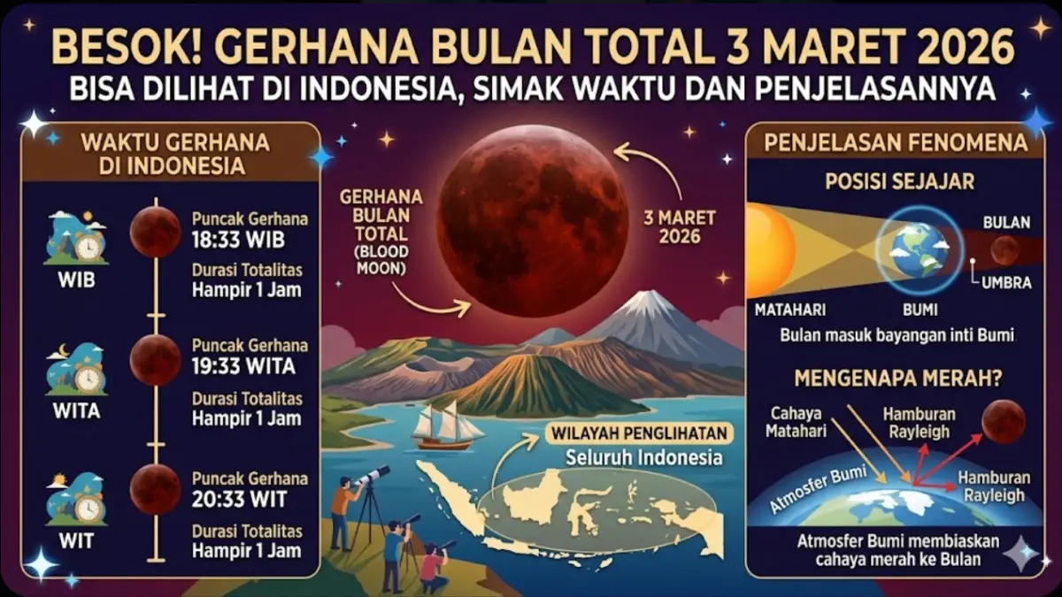 Besok! Gerhana Bulan Total 3 Maret 2026 Bisa Dilihat di Indonesia, Simak Waktu dan Penjelasannya foto
