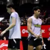 Fajar Alfian dan Muhammad Shohibul Fikri saat bertanding di final Singapore Open 2026