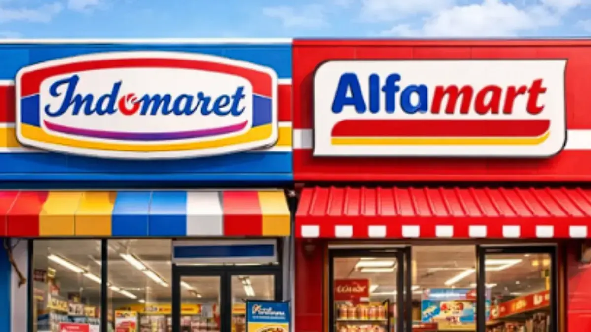 Tampilan depan gerai Alfamart dan Indomaret