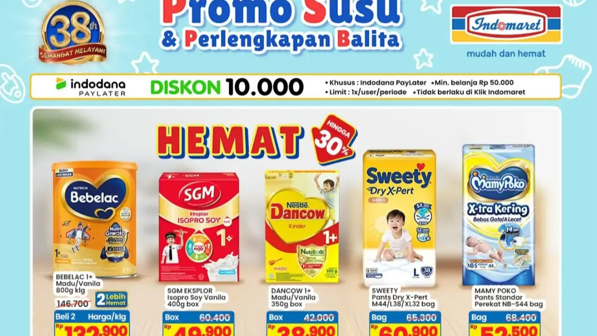 Promo Indomaret susu dan perlengkapan balita periode 14-27 Mei 2026 untuk Bebelac SGM Dancow Sweety dan Mamy P