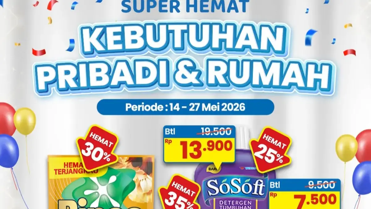 Promo Indomaret 18 Mei 2026: Super Hemat Kebutuhan Pribadi & Rumah, Deterjen SoSoft Cuma Rp7.500 Katalog promo Indomaret super hemat kebutuhan pribadi dan rumah periode 14-27 Mei 2026 dengan diskon hingga 35
