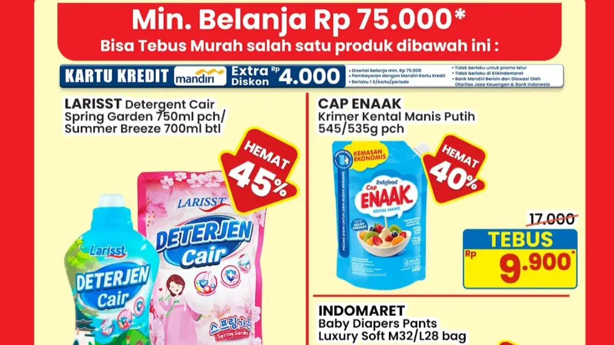 Promo Indomaret 19 Mei 2026: Belanja Rp75.000 Bisa Tebus Murah Mulai Rp8.500 Katalog promo Indomaret periode 14-20 Mei 2026 dengan program tebus murah cukup belanja Rp75.000