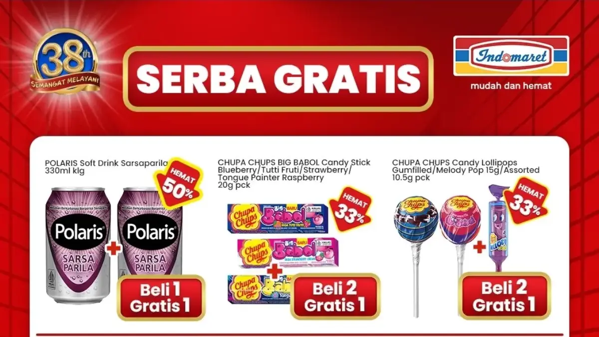 Katalog promo Indomaret Serba Gratis periode 14-27 Mei 2026 dengan berbagai produk beli 1 gratis 1 dan beli 2