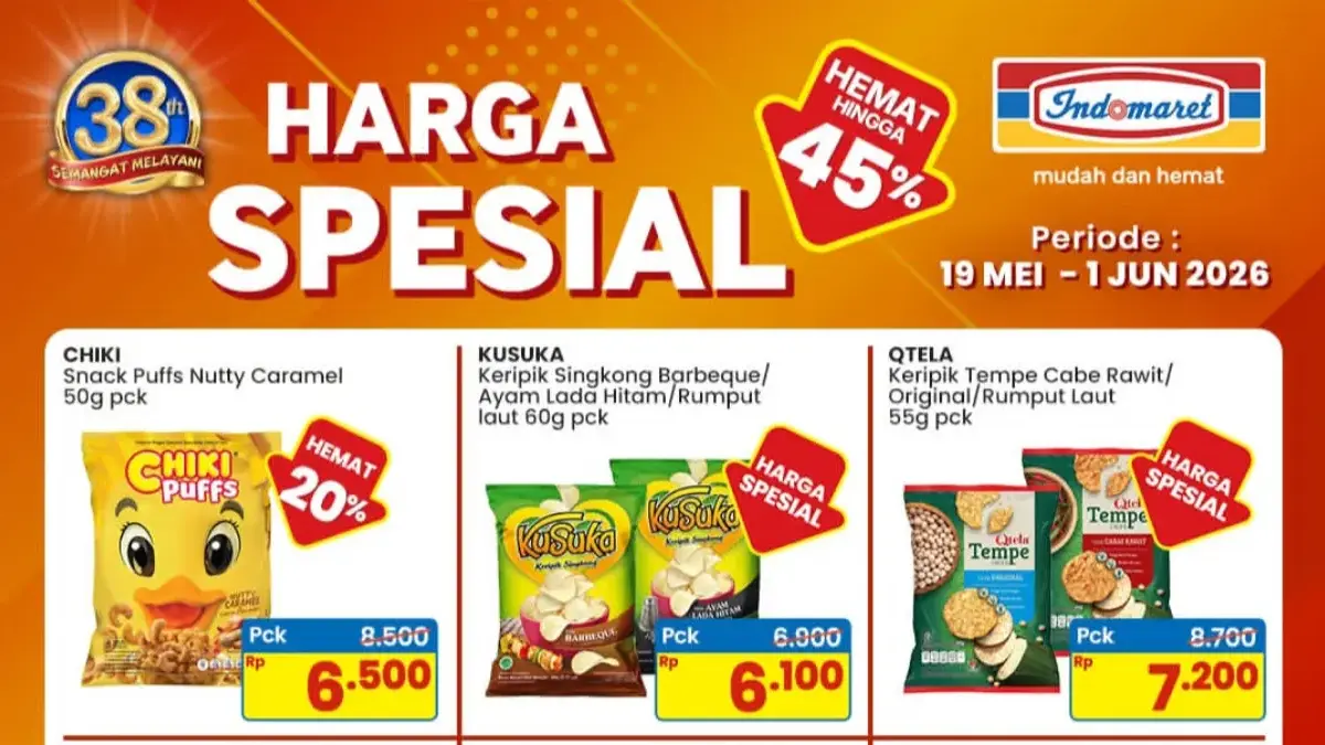 Katalog promo Indomaret periode 19 Mei-1 Juni 2026 untuk berbagai produk camilan dengan harga spesial