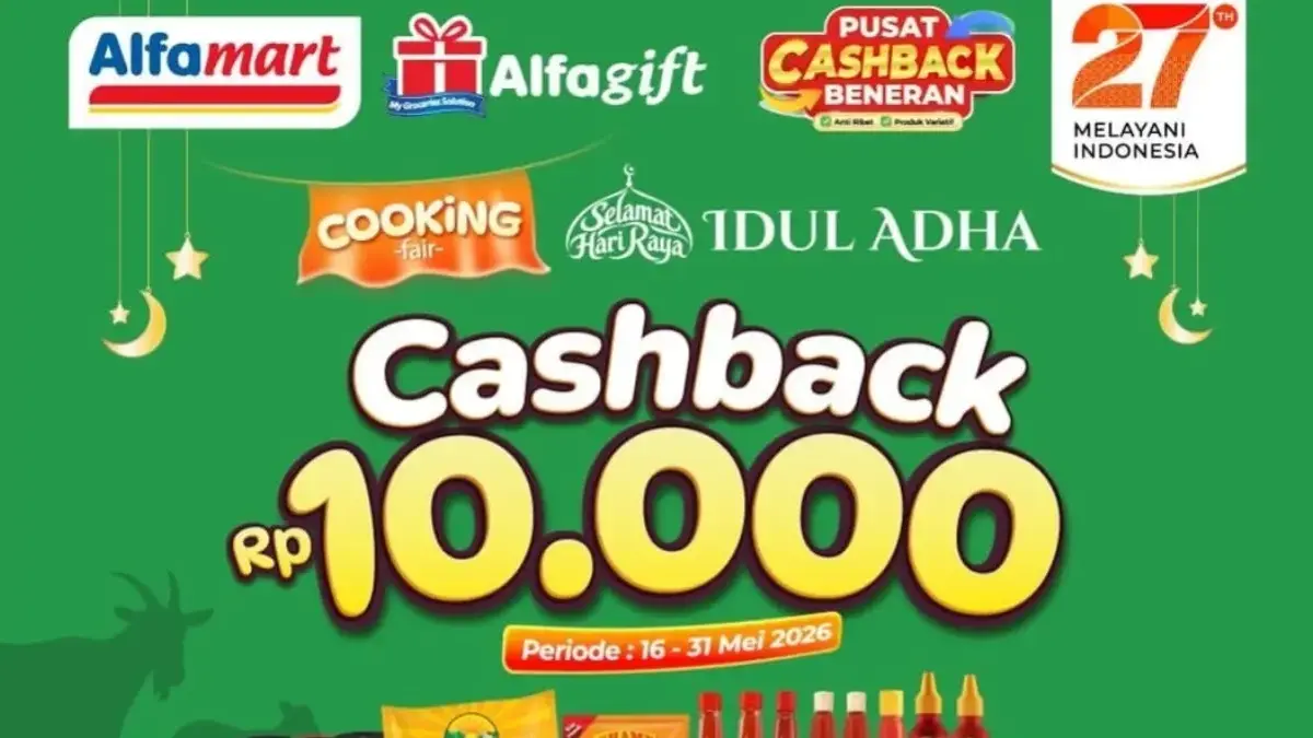 Banner promo Alfamart Cooking Fair dengan tulisan cashback Rp10.000 untuk belanja minimal Rp60.000 periode 16-