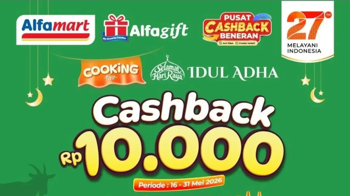 Banner promo Alfamart cashback Rp10.000 untuk belanja minimal Rp60.000 periode terbatas