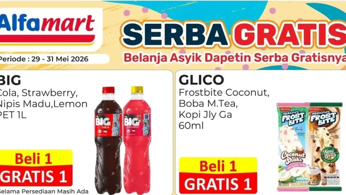 Promo Serba Gratis Alfamart Mei 2026, Beli 1 Gratis 1 Minuman Favorit Promo Serba Gratis Alfamart beli satu gratis satu minuman