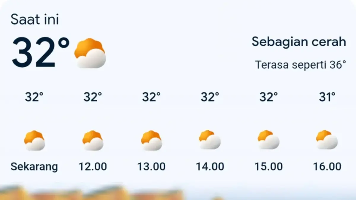 Tampilan prakiraan cuaca Google Cuaca untuk wilayah Cirebon menunjukkan suhu 32 derajat dengan kondisi sebagia