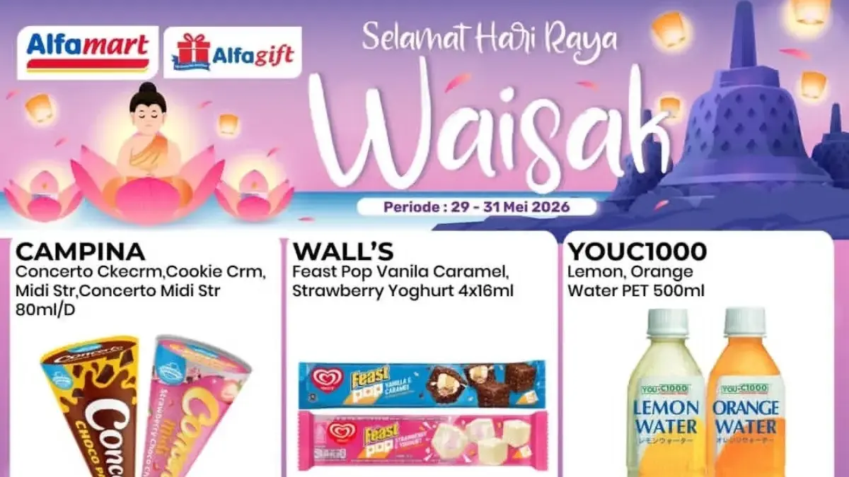 Promo Alfamart Waisak 2026 dengan penawaran beli 1 gratis 1 dan harga spesial.