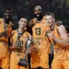 Tim voli putra Jakarta Bhayangkara Presisi merayakan kemenangan di AVC Men\'s Champions League 2026