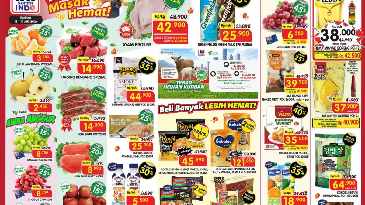 Promo Superindo Fresh Deals periode 15-17 Mei 2026 untuk ayam broiler buah angkur dan daging olahan