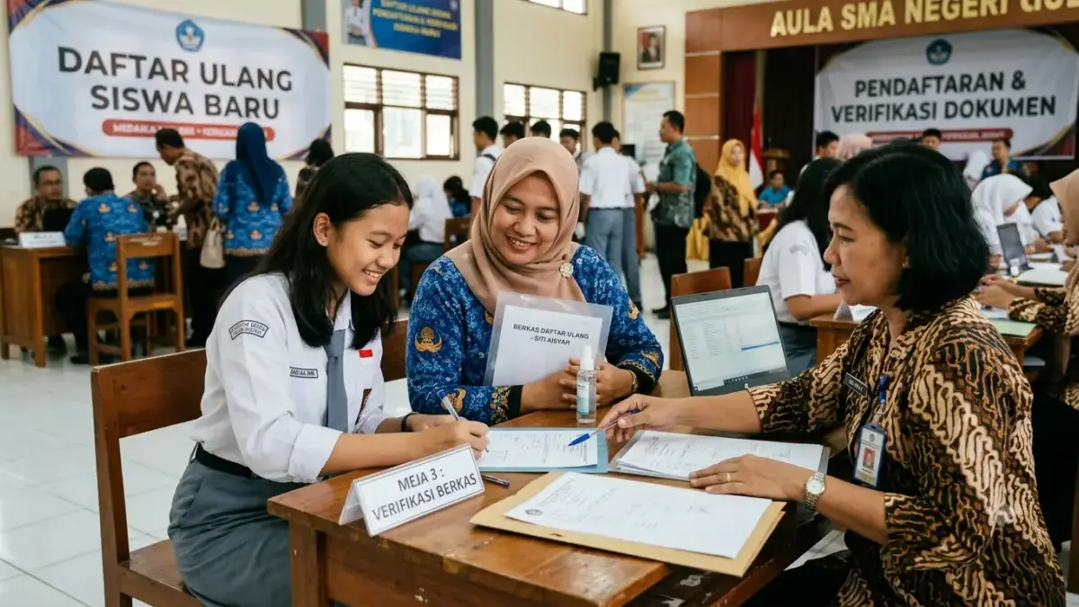Siswa dan orang tua sedang mengurus daftar ulang di sekolah