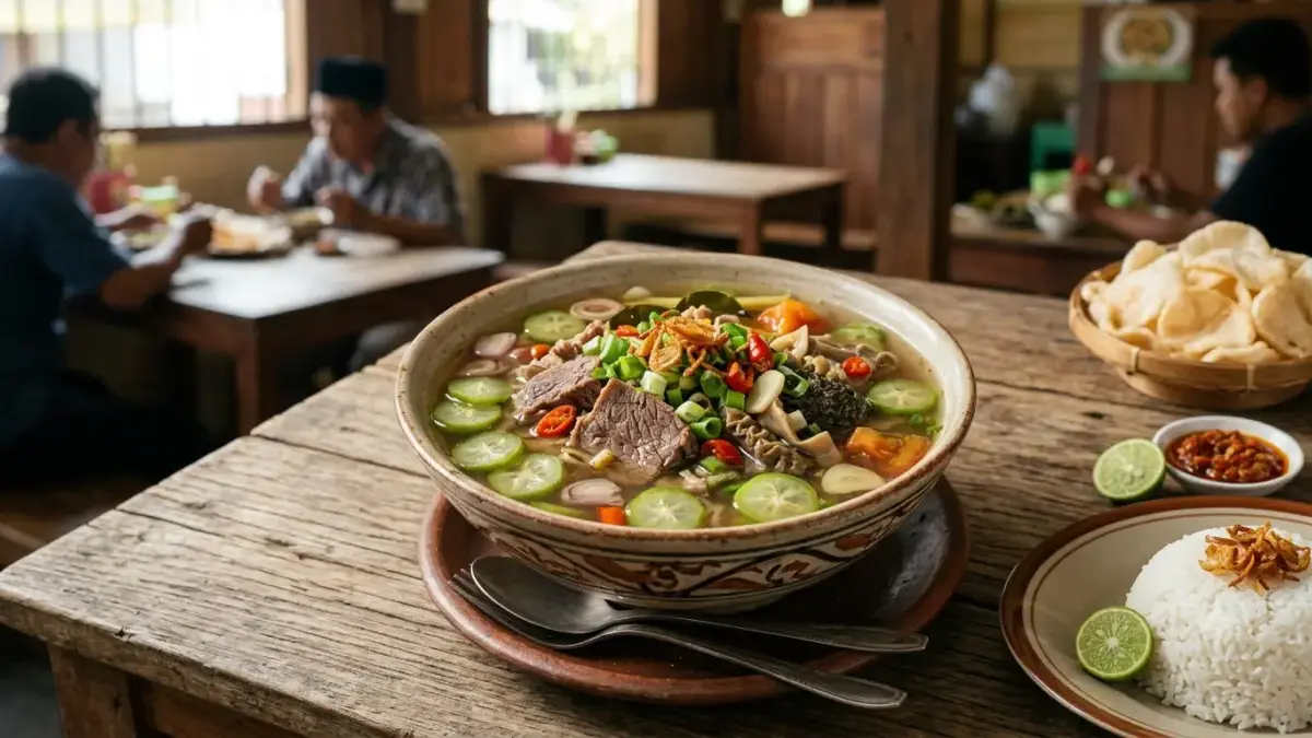 Empal asem Cirebon kuah bening dengan daging sapi dan jeroan serta irisan belimbing wuluh