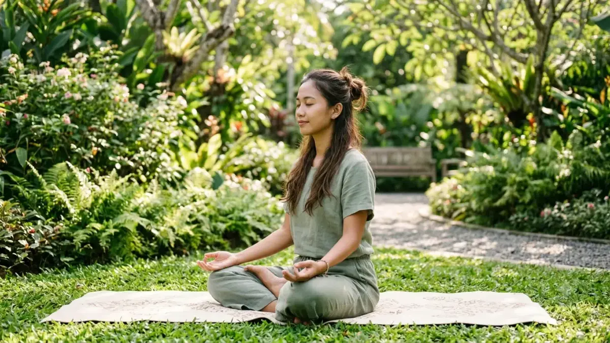 Cara Mengatasi Stres dengan Mudah: Langkah Sederhana untuk Hidup Lebih Tenang Ilustrasi seseorang duduk tenang dengan mata tertutup melakukan pernapasan dalam di taman hijau
