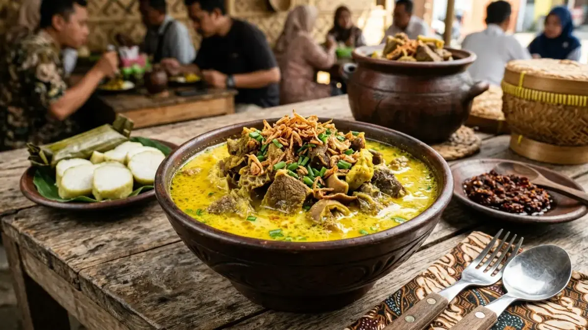 Resep empal gentong khas Cirebon yang viral dengan potongan daging dan jeroan dalam kuah santan kental berwarn