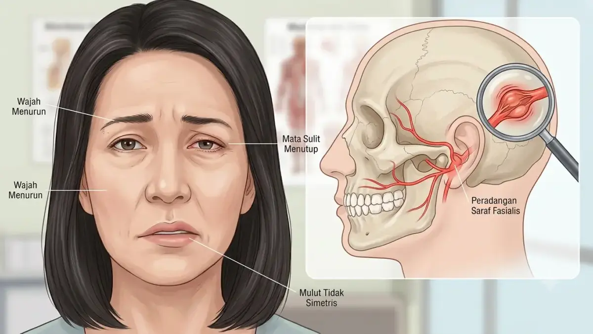 Ilustrasi gejala Bell\'s palsy yang menyebabkan salah satu sisi wajah melemah akibat peradangan saraf fasialis.
