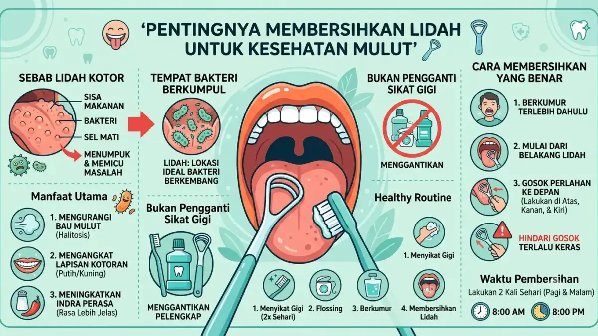 Tak Hanya Menyikat Gigi, Membersihkan Lidah Juga Penting untuk Kesehatan Mulut Membersihkan lidah secara rutin memberikan sejumlah manfaat yang dapat dirasakan dalam kehidupan sehari-hari.