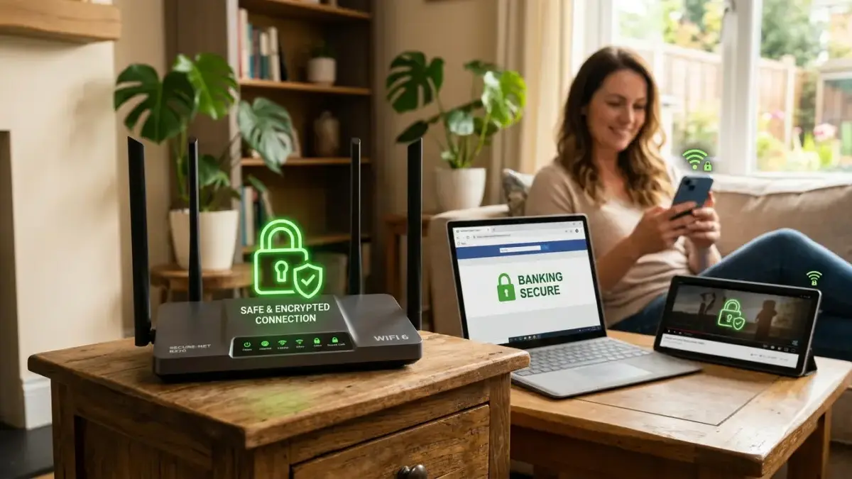 Ilustrasi router WiFi dengan ikon kunci dan perangkat yang terhubung aman