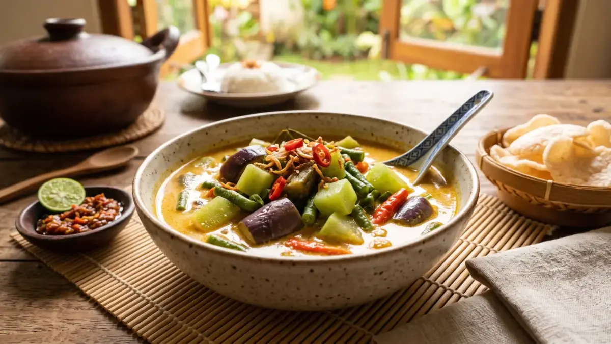 Resep Sayur Lodeh Ndeso Rumahan: Gurih, Segar, dan Bikin Kangen Masakan Ibu! Semangkuk sayur lodeh rumahan dengan isian terong, labu siam, dan kacang panjang dalam kuah santan gurih