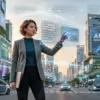 Ilustrasi seseorang berdiri di persimpangan jalan kota modern dengan layar digital dan simbol AI melayang di u