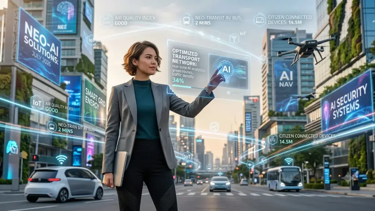 Menyambut 2026: Transformasi Digital dan Pola Hidup Baru di Era Kecerdasan Buatan Ilustrasi seseorang berdiri di persimpangan jalan kota modern dengan layar digital dan simbol AI melayang di u