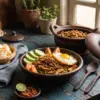 Semangkuk nasi goreng Jawa dengan bumbu ulek, telur ceplok, dan pelengkap timun di atas meja kayu