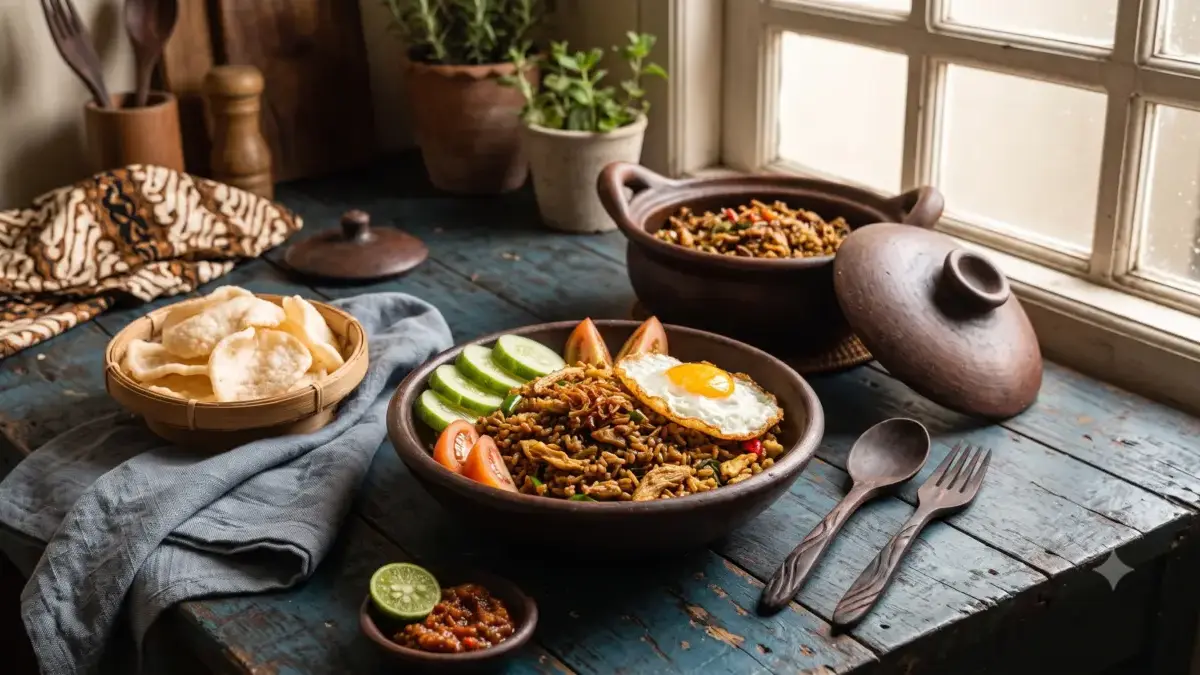 Resep Nasi Goreng Jawa Autentik dengan Bumbu Ulek, Gurih Manis Pedas Bikin Nagih! Semangkuk nasi goreng Jawa dengan bumbu ulek, telur ceplok, dan pelengkap timun di atas meja kayu