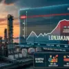 Ilustrasi kilang minyak dengan latar grafik harga minyak yang melonjak ke atas US$90