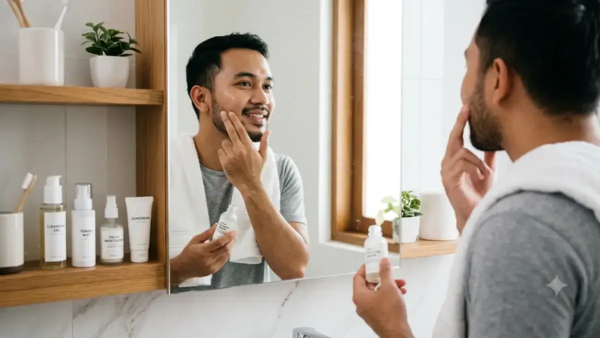 5 Kesalahan Skincare yang Sering Dilakukan Pria, Bikin Kulit Malah Makin Rusak! Ilustrasi pria melakukan perawatan kulit wajah dengan produk skincare yang benar