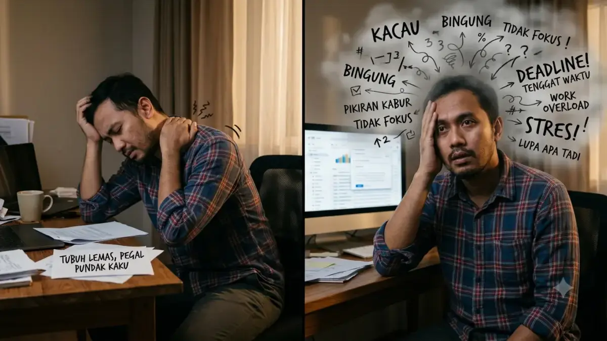 Bukan Cuma Capek! Kenali Beda Lelah Fisik dan Mental, Biar Gak Salah Penanganan Ilustrasi seseorang dengan dua sisi, tubuh lelah dan pikiran lelah