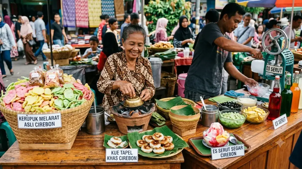 Aneka jajanan tradisional Cirebon seperti kerupuk melarat, kue tapel, dan es serut