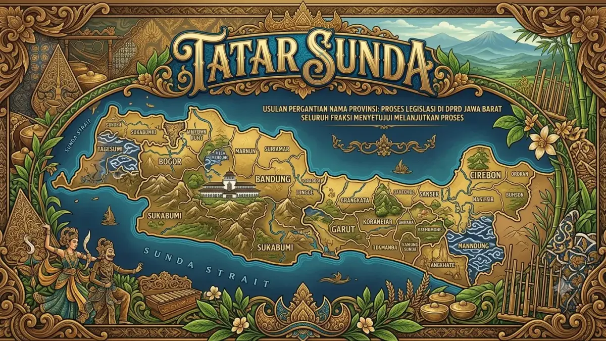 Kebangkitan Identitas Jawa Barat: Langkah Berani Mengganti Nama Provinsi Menjadi Tatar Sunda Ilustrasi peta Jawa Barat dengan latar belakang motif batik Sunda dan tulisan Tatar Sunda, melambangkan usulan