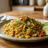 Nasi goreng kencur dengan taburan bawang goreng dan irisan daun bawang di atas piring