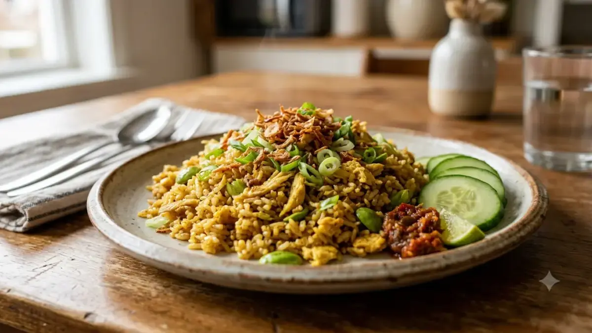 Wajib Coba! Resep Nasi Goreng Kencur Rumahan yang Gurih Wangi, Dijamin Bikin Ketagihan Nasi goreng kencur dengan taburan bawang goreng dan irisan daun bawang di atas piring