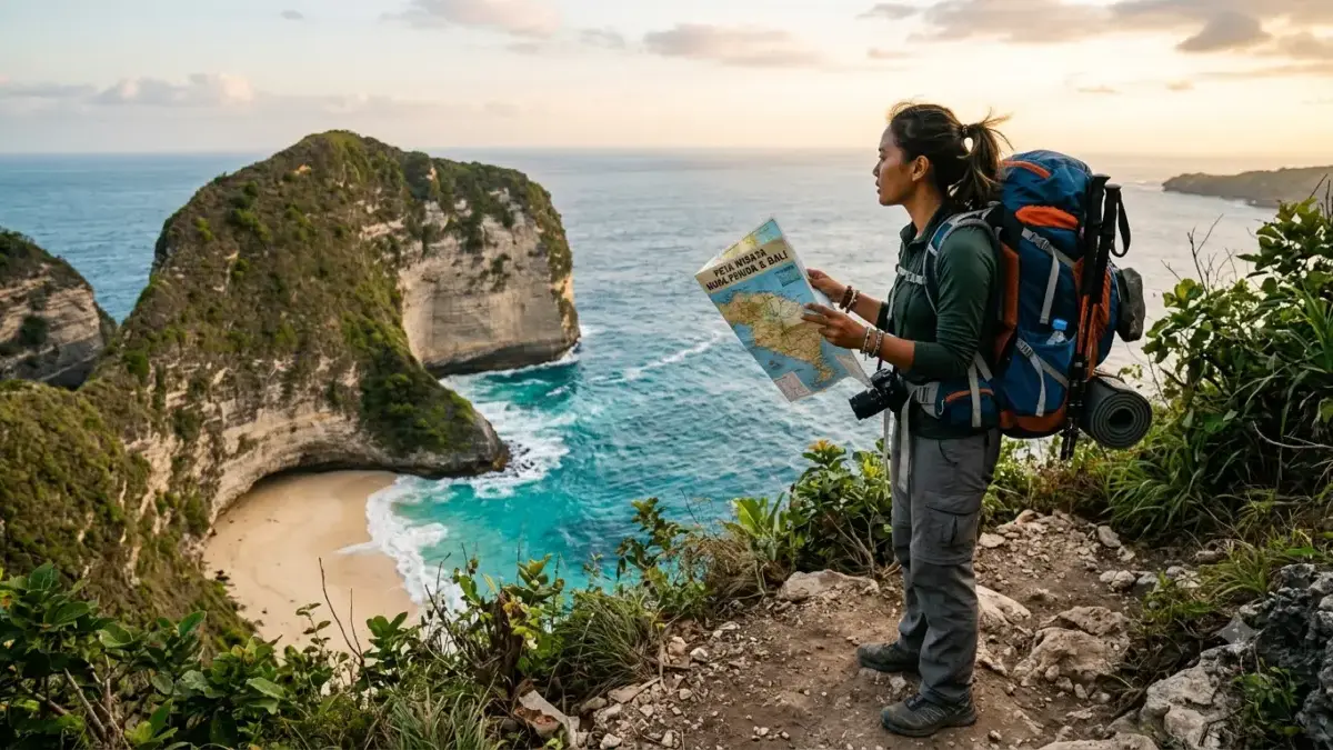 Panduan Lengkap Liburan Hemat di Indonesia: Menikmati Keindahan Nusantara Tanpa Menguras Dompet Ilustrasi backpacker dengan ransel besar berdiri di tepi pantai sambil memegang peta dan melihat pemandangan