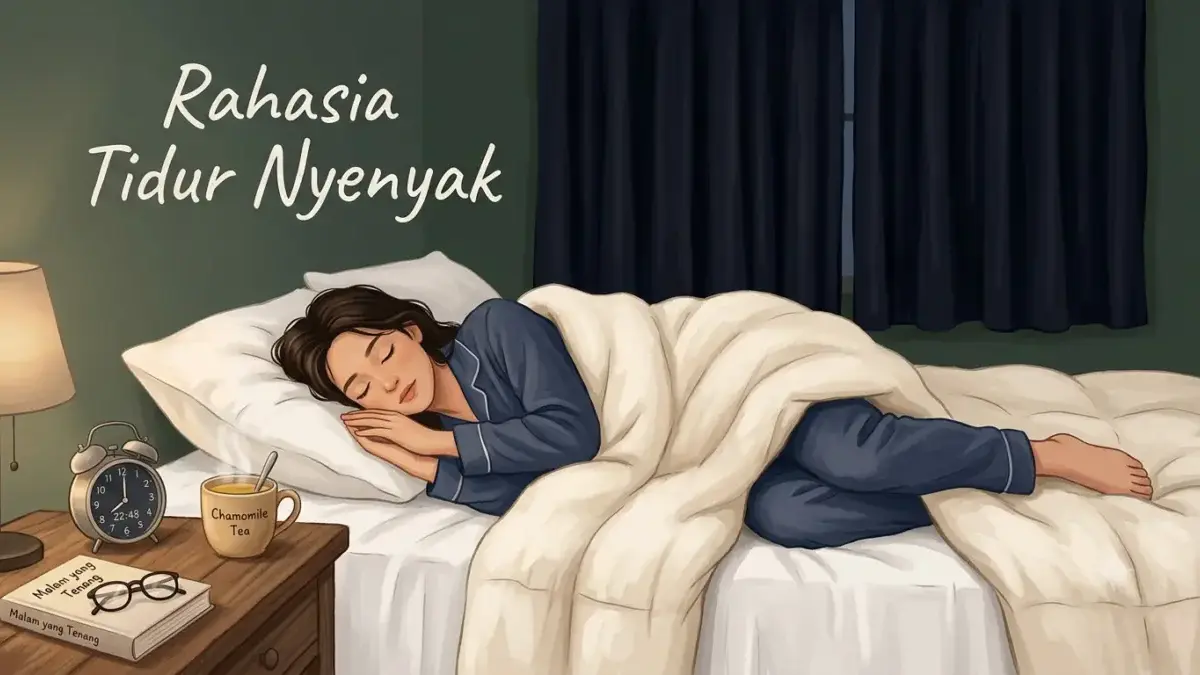 Ilustrasi seseorang tidur nyenyak di tempat tidur yang nyaman dengan suasana kamar yang tenang