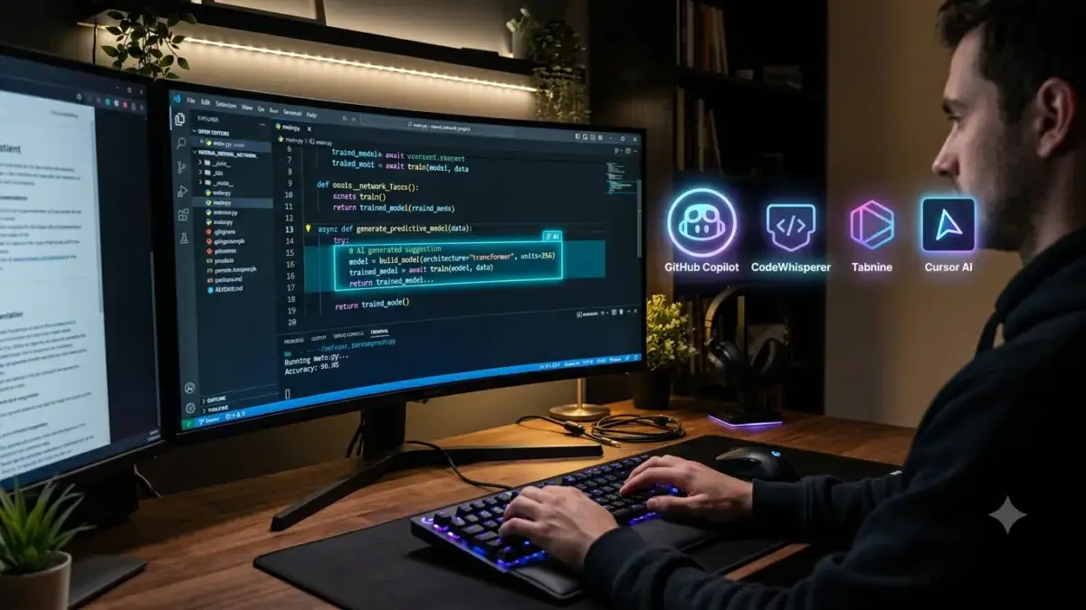 Rekomendasi AI Coding Paling Akurat 2026: Bantu Developer Koding Lebih Cepat Ilustrasi layar monitor menampilkan kode program dengan ikon bantuan AI di sampingnya