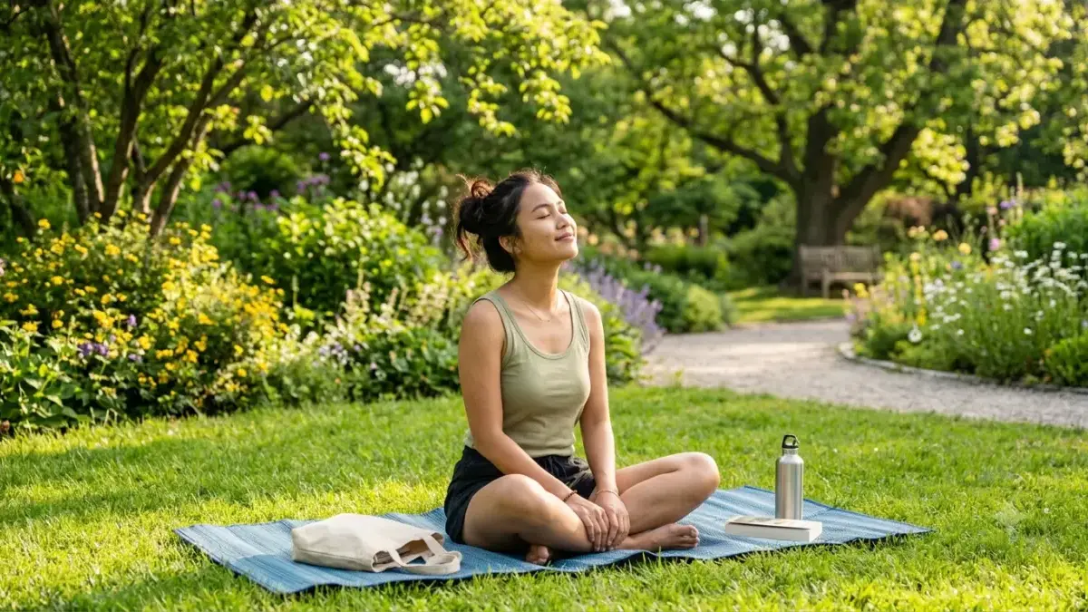 Mengguncang! Riset Terbaru: Berjemur Saja Belum Cukup Tingkatkan Vitamin D, Ini Faktor Penentunya Ilustrasi seorang wanita berjemur di bawah sinar matahari pagi dengan latar belakang taman