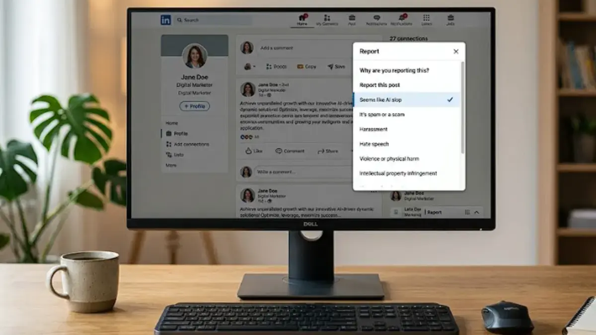 Hapus Feeds dari Robot! LinkedIn Kini Bisa Laporkan Postingan "AI Slop" yang Nggak Berguna! Tangkapan layar fitur Seems like AI slop