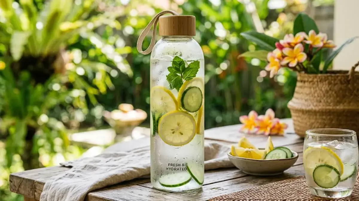 Gaya Hidup Sehat 2026: Realistis, Bukan Sekadar Ikut Tren Ilustrasi botol air infused water segar dengan irisan lemon dan timun untuk gaya hidup sehat