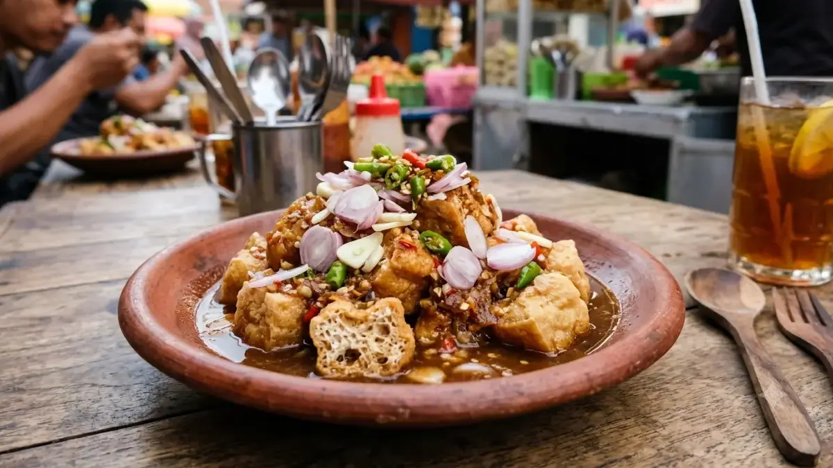 Tahu gejrot Cirebon di atas piring gerabah dengan kuah sambal dan irisan bawang