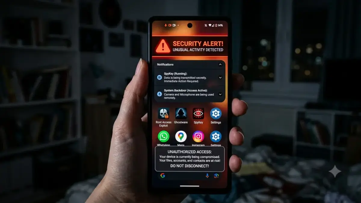 Waspada! 5 Tanda HP Kamu Sedang Di-Hack, Jangan Dianggap Sepele! Tampilan layar HP dengan peringatan keamanan dan ikon aplikasi mencurigakan