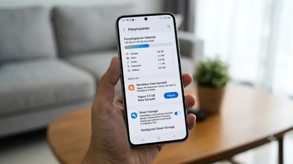 Tampilan menu Penyimpanan di HP Samsung dengan opsi Data Sampah dan Smart Storage