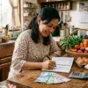 Ilustrasi ibu rumah tangga membuat daftar belanja di meja dapur