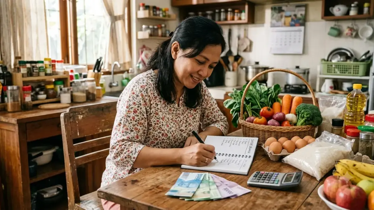 Tips Hemat Belanja Bulanan di Tengah Inflasi: Panduan Cerdas Atur Keuangan Keluarga Ilustrasi ibu rumah tangga membuat daftar belanja di meja dapur