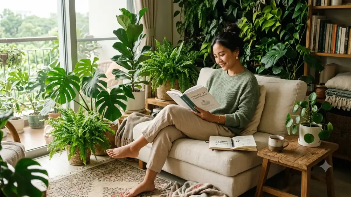 Tips Sederhana Menjaga Kesehatan Mental di Tengah Kesibukan Sehari-hari Ilustrasi seorang wanita duduk santai di kursi sambil membaca buku di ruang hijau